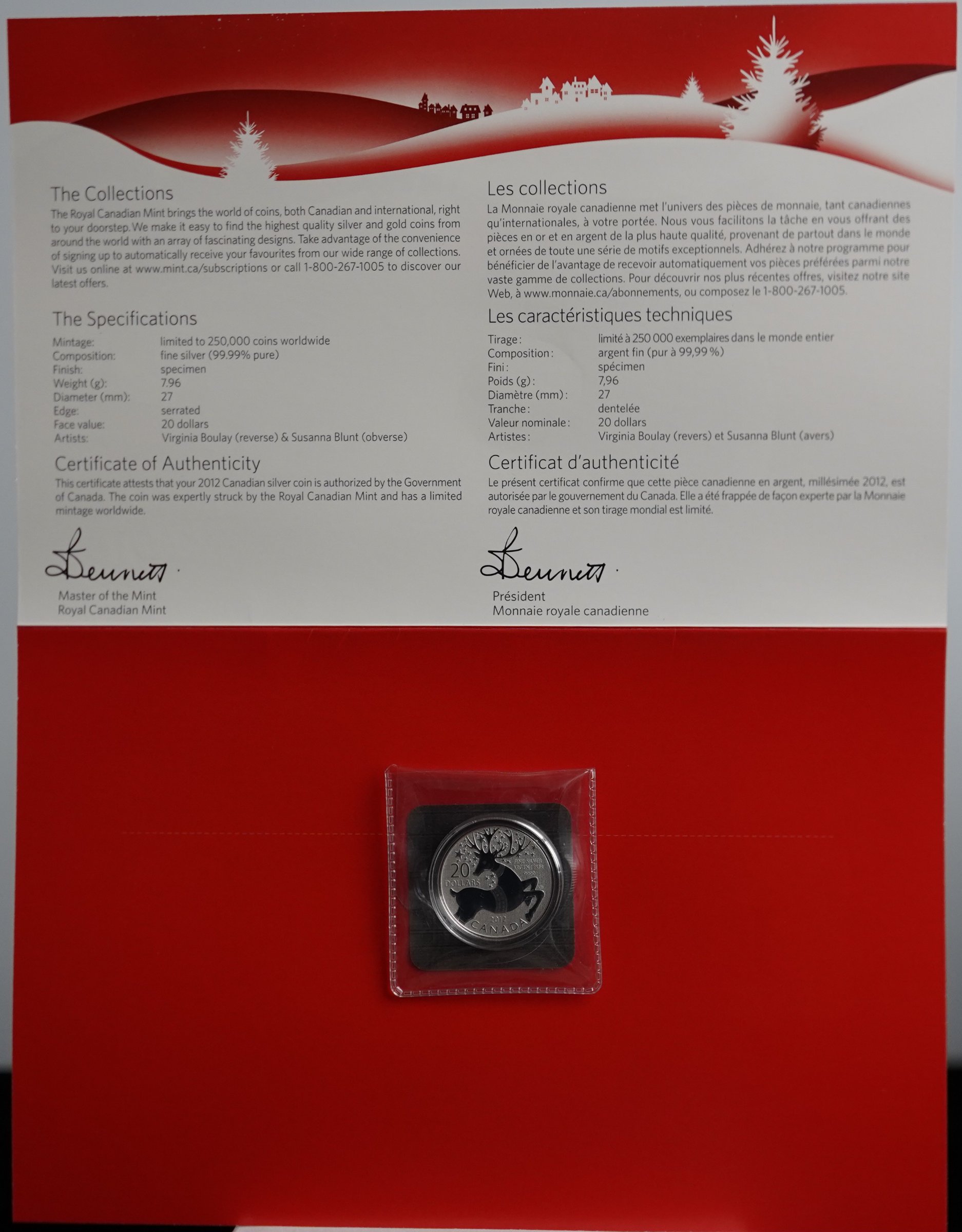 Royal Canadian Mint 2012 $20 Holiday Reindeer Fine Silver Coin with Card